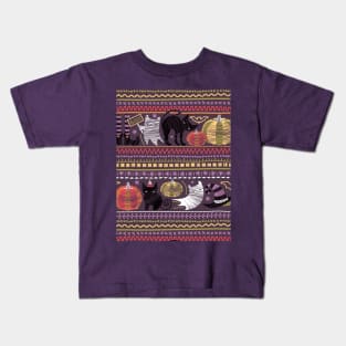 Embroidery Halloween // black cats orange and green pumpkins white ghosts and purple stitches on purple beet background Kids T-Shirt